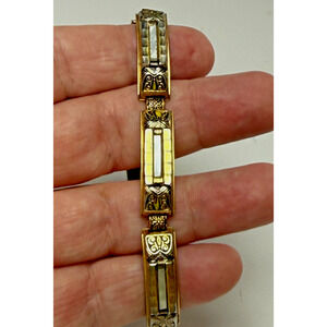 Vtg 7" Damascene Link Bracelet Moonglow Lucite Panel Gold Tone Victorian Revival